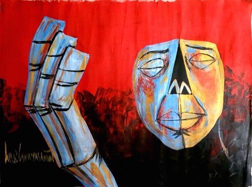 1014.jpg ROSTRO INDIGENA OJOS CERRADOS Y MANO AL AIRE, FONDO ROJO - Image 1