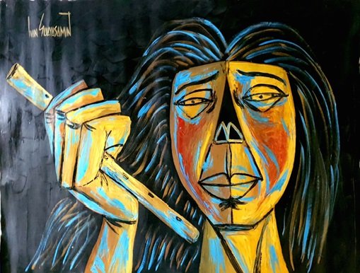 1018.jpg ROSTRO INDIGENA, OJOS ABIERTOS, MANO CON FALUTA - Image 1