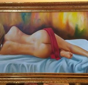 DESNUDO, MUJER ADORNO ROJO, MARCO FINO DORADO