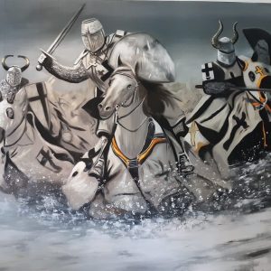 OLEO SOBRE LIENZO, LEONARDO GUERRA,  GUERREROS LAS CRUZADAS