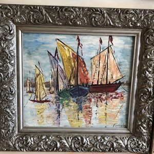 MARINA CON 3 VELEROS GRANDES ROJO AZUL VERDE Y 3 PEQUE?OS