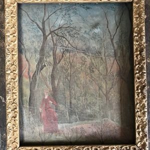 ARBOLES SIN HOJAS Y SE?ORA CON VESTIDO ROJO Y SOMBRILLA