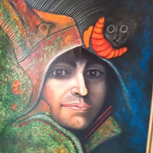 GUERRERO VESTIDO DE VERDE, CON RATON OJON EN LA CABEZA