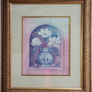 LINDA LITOGRAFIA ENMARCADA DE LUJO CON VIDRIO, MOTIVO JARRON ANTIGUO FLORES BLANCAS