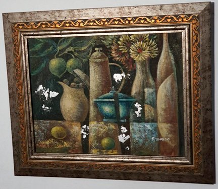 842.jpg BODEGON OLEO SOBRE LIEZO, TERMINADO PLATEADO, ENMARCADO DE LUJO, MOTIVO JARRONES - Image 1