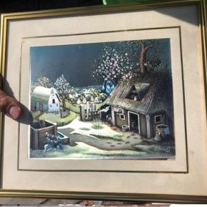 LITOGRAFIA PAISAJE CASA TECHO EN PAJA, ENMARCADA MARCO DORADO EN ALUMINIO