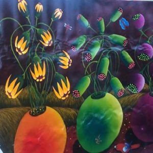 JARRONES FLORES VERDE Y NARANJA, OLEO SOBRE LIENZO DE MIGUEL DE LA ESPRIELLA GRAN NOBLE