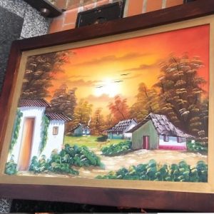 PAISAJE CAMPESINO, CASAS AL ATARDECER, OLEO SOBRE LIENZO