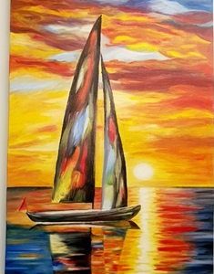 VELERO EN ATARDECER, OLEO SOBRE LIENZO, MARIANA MONTOYA