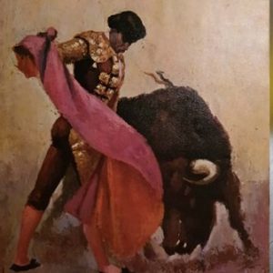 GOLPE AL CAPOTE, PASO DE TOREO, OLEO SOBRE LIENZO