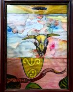 TORO CON CACHOS AMARILLO Y UNA PLUMA ENCIMA